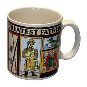 Vintage White Greatest Father Fall Angler Fishing Pole Reel Duck Ceramic Mug